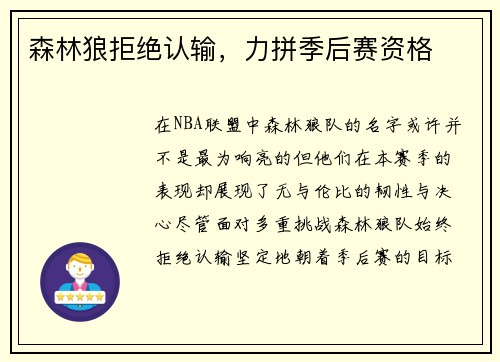 森林狼拒绝认输，力拼季后赛资格