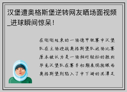 汉堡遭奥格斯堡逆转网友晒场面视频_进球瞬间惊呆！