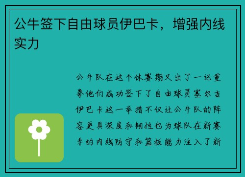 公牛签下自由球员伊巴卡，增强内线实力