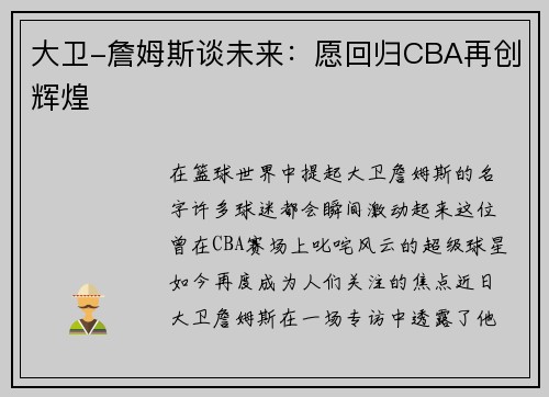 大卫-詹姆斯谈未来：愿回归CBA再创辉煌